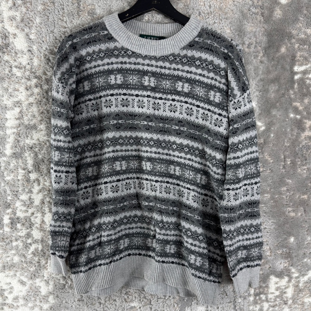 Lauren Ralph Lauren Sz S Fair Isle Knit Pullover Sweater Gray Long Sleeve Women